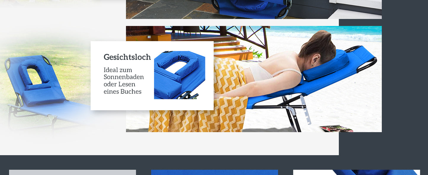 Sonnenliege mit Lesefenster Gesichtsöffnung Blau