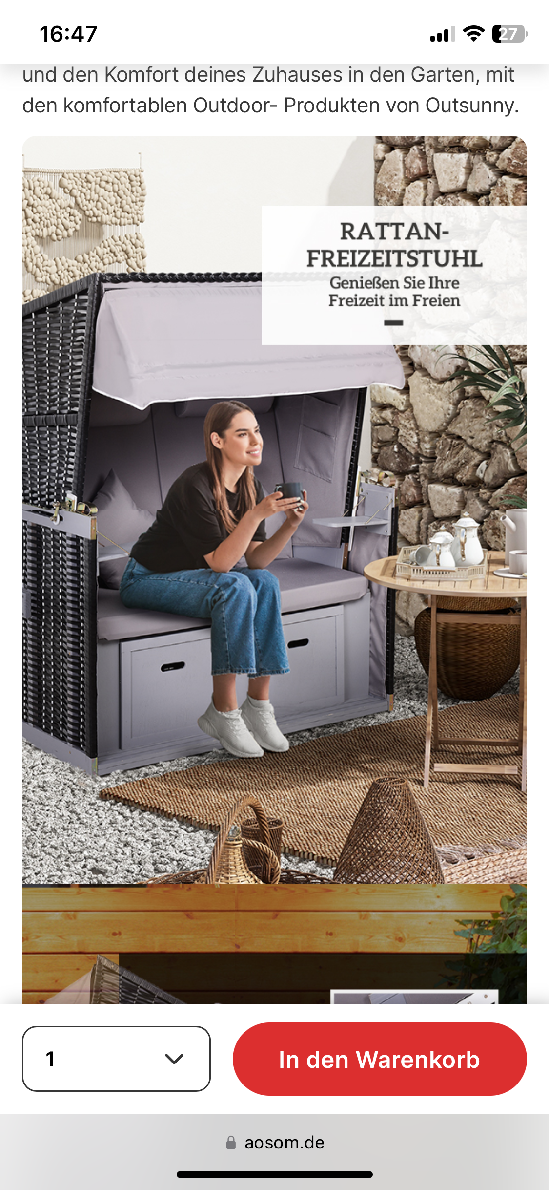 Strandkorb für 2 Personen mit neigbarer Rücklehne 118 x 79 x 150cm