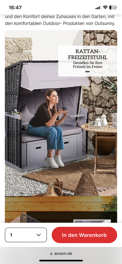 Strandkorb für 2 Personen mit neigbarer Rücklehne 118 x 79 x 150cm