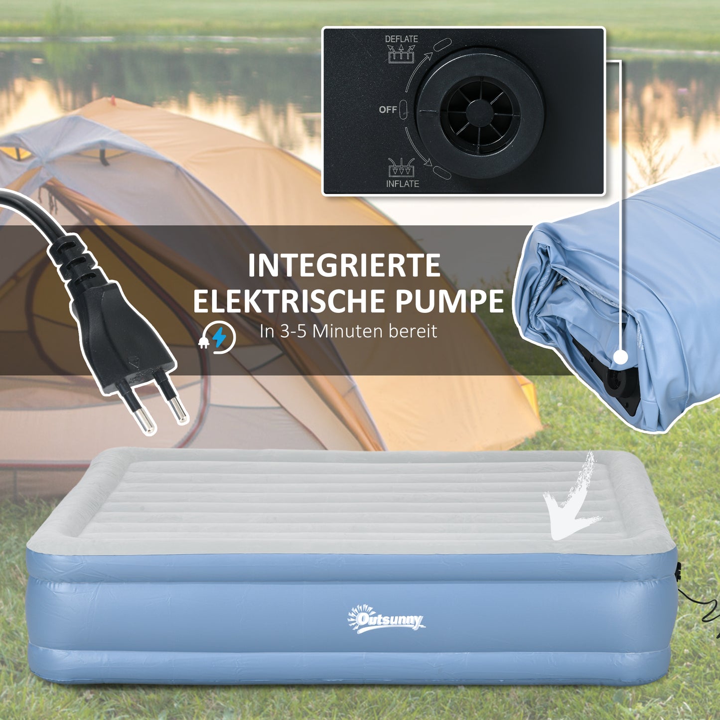 Doppel-Luftmatratze Campingbett 2 Personen  Kopfkissen & Elektropumpe 203x152x46cm
